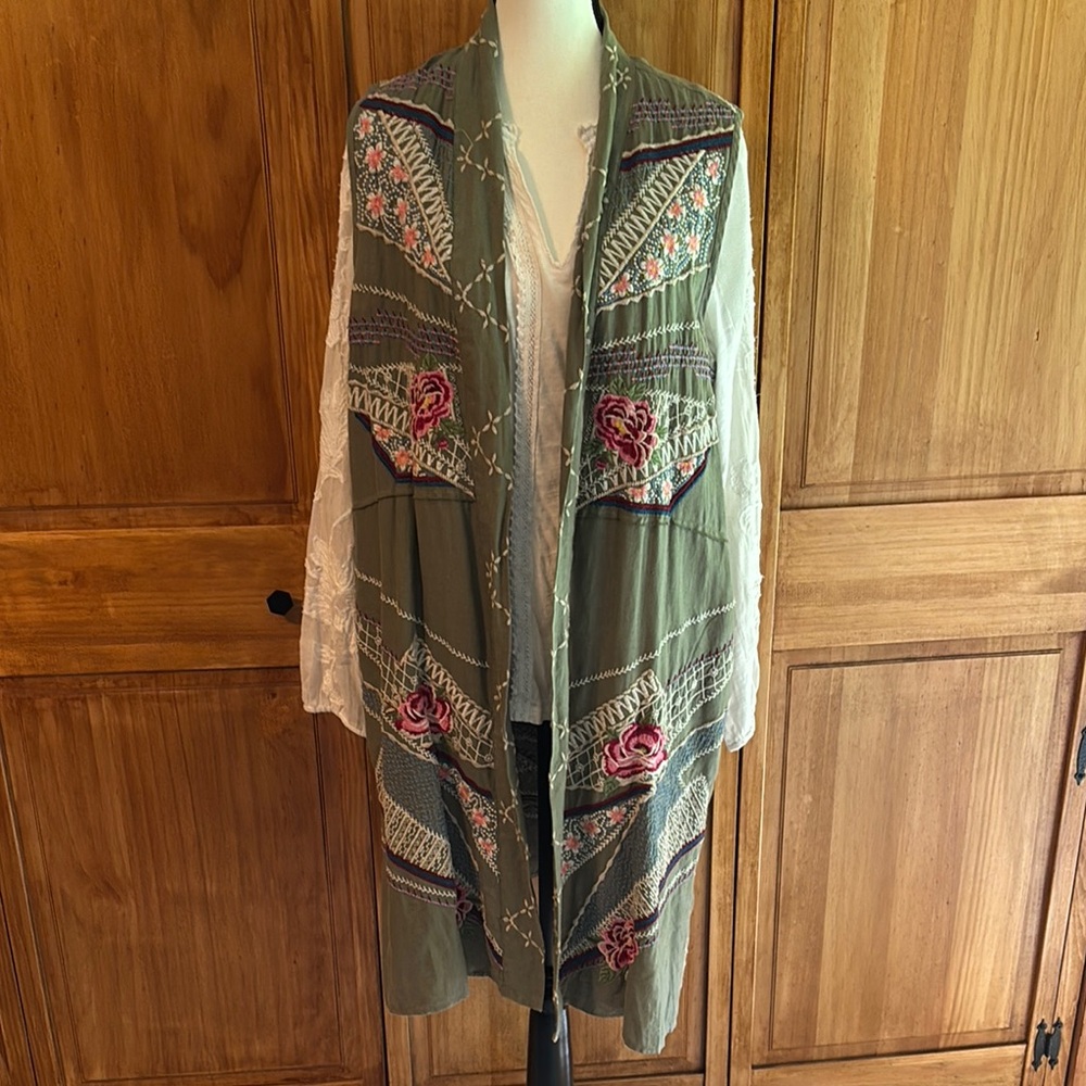 Johnny Was Embroidered Green long vest by JWLA size m